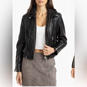 Faux Leather Bomber Jacket with removable hood